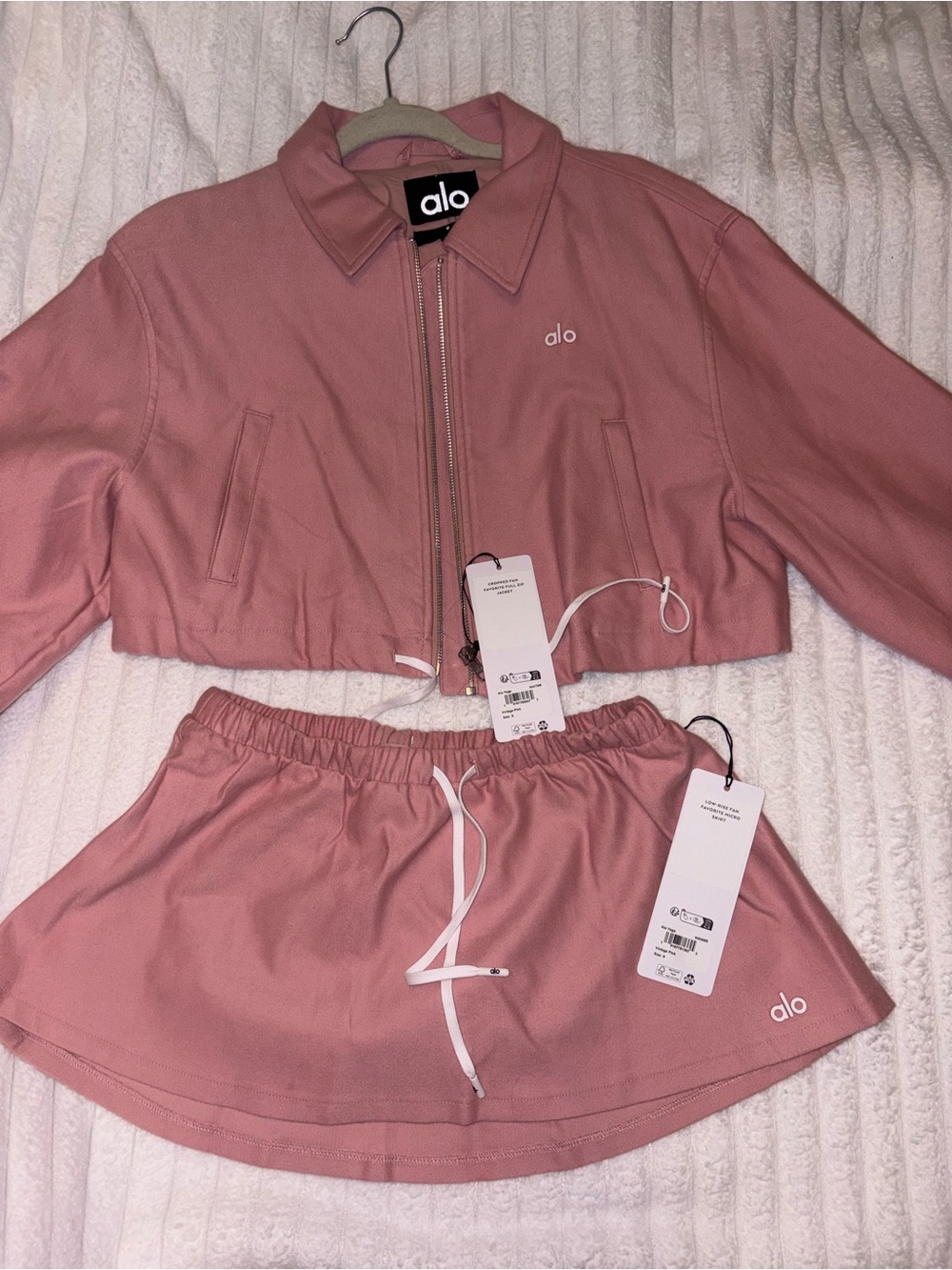 ALO Yoga Pink Cropped Jacket and Mini Skirt Set